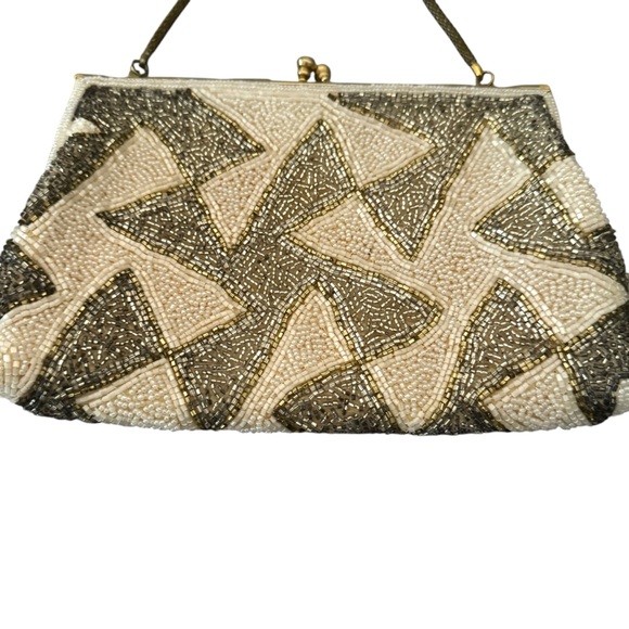 Vintage Art Deco Beaded Handbag 50s 60s Era Handmade Silver Gold Pearl Hong Kong - Picture 2 of 12